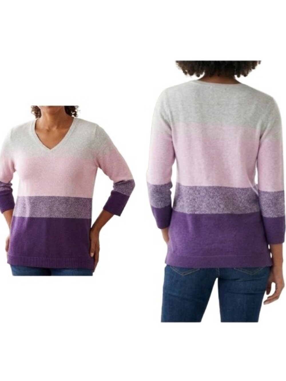 Croft & Barrow Color-Block Sweater NWT V-Neck 3/4 Sleeves 100% Cotton